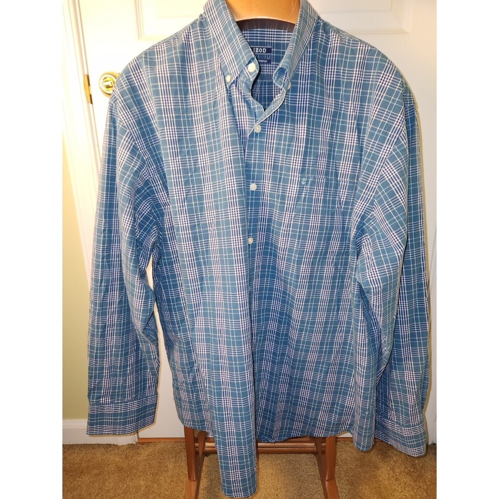 Izod Premium Essentials Long Sleeve With Embroidered Logo Sz XXL Teal Check